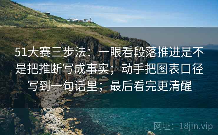 51大赛三步法：一眼看段落推进是不是把推断写成事实；动手把图表口径写到一句话里；最后看完更清醒